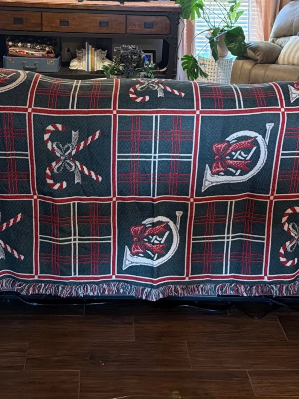 American Weavers Holiday Plaid Throw with Candy Cane & Bow Green, Red, Cream
